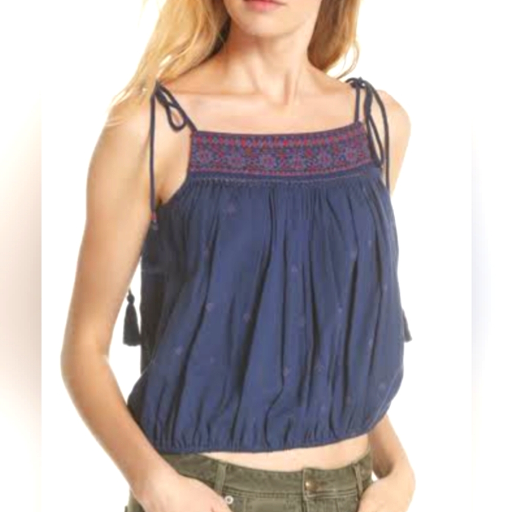 Free People Eternal Love Embroidered Tassel Tie Blue Tank Top XS 0-2